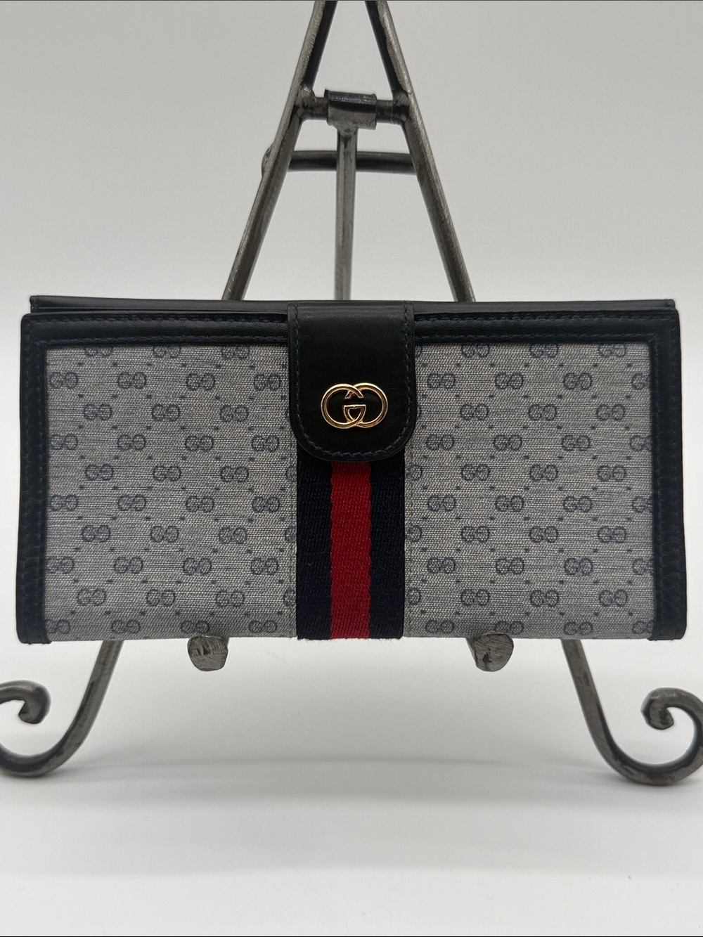Gucci Vintage Micro GG Web Stripe Long Bifold Wallet Navy Blue